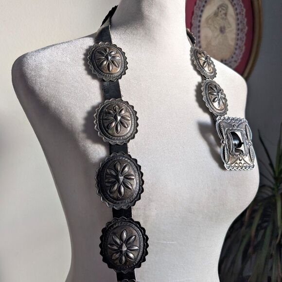 Antique Coin Ingot Silver Concho Belt Second Phase Navajo Handmade Leather - Picture 1 of 10